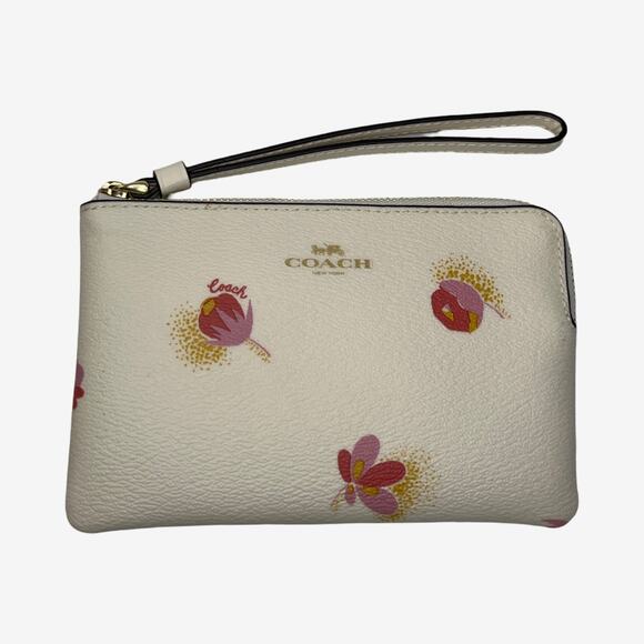 Coach Floral Print Corner Zip Wristlet In Ivory Leather With Pink Flowers - Picture 1 of 13